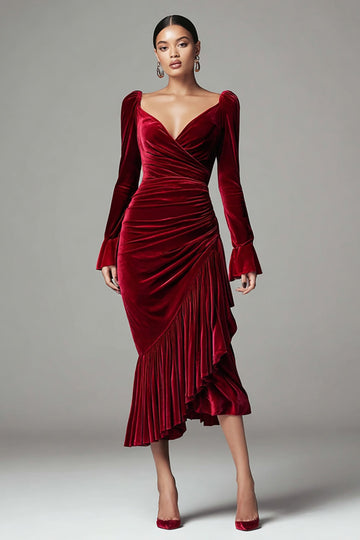 Velvet Mermaid Burgundy Long Sleeve Ruffled Midi Formal Dress
